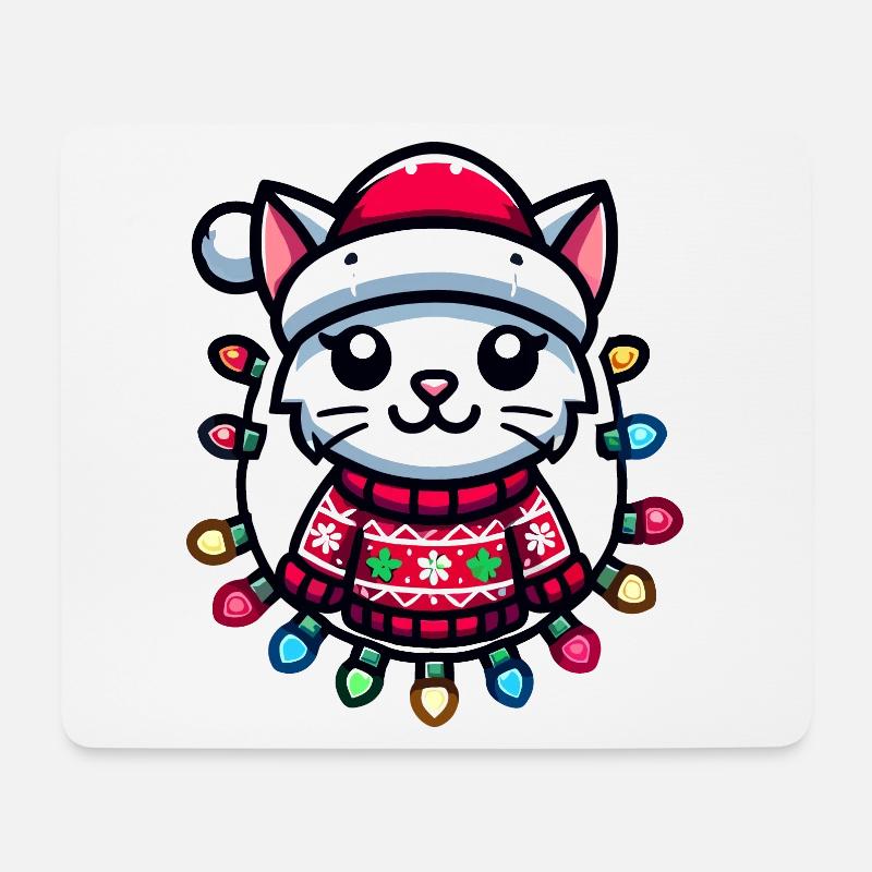 Weihnachtliche Katze Mit Lichterkette - Mousepad (Querformat) - Weiß