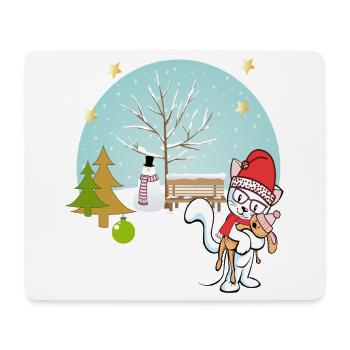 Cat with teddy bear in winter - Mouse Pad (horizontal) - white - Front