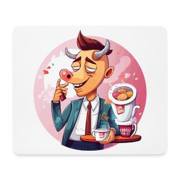 Taureau de bureau avec café et gâteau - Tapis de souris (format paysage) - blanc - Devant