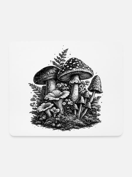 Vintage Waldpilze Linolschnitt - Mousepad (Querformat) - Weiß