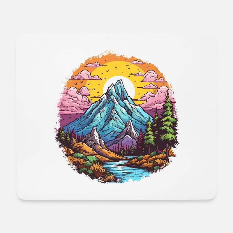Bunter Berg mit Fluss Cartoon Style - Mousepad (Querformat) - Weiß