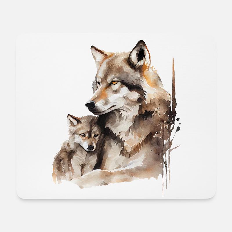 Wölfin mit Kind - Aquarellmalerei - Mousepad (Querformat) - Weiß