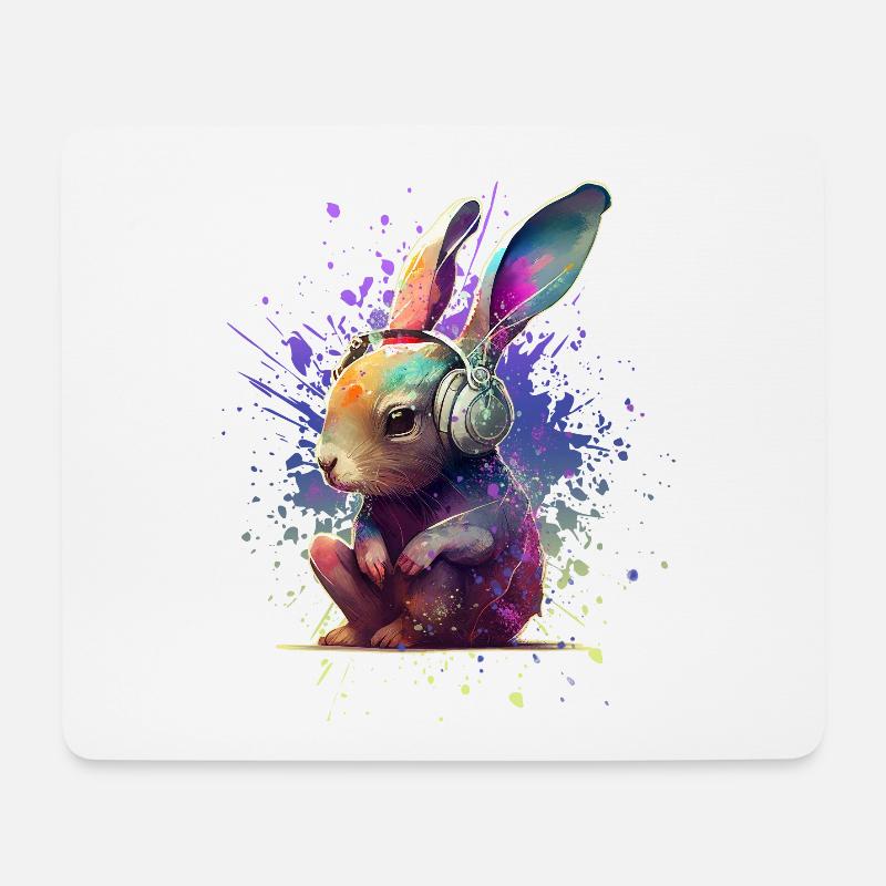 Bunter Hase mit Kopfhörern - Mousepad (Querformat) - Weiß