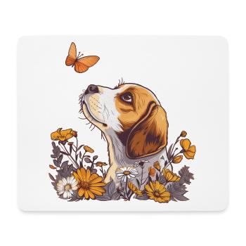 Beagle mit Schmetterling - Mousepad (Querformat) - Weiß - Vorne