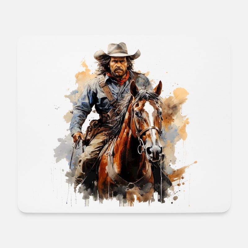 Cowboy auf Wildpferd in Aquarellstil - Mousepad (Querformat) - Weiß