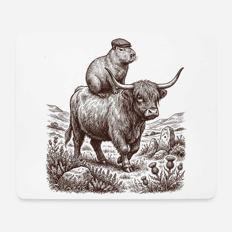 Lustiges Capybara reitet auf Highland-Kuh - Mousepad (Querformat) - Weiß