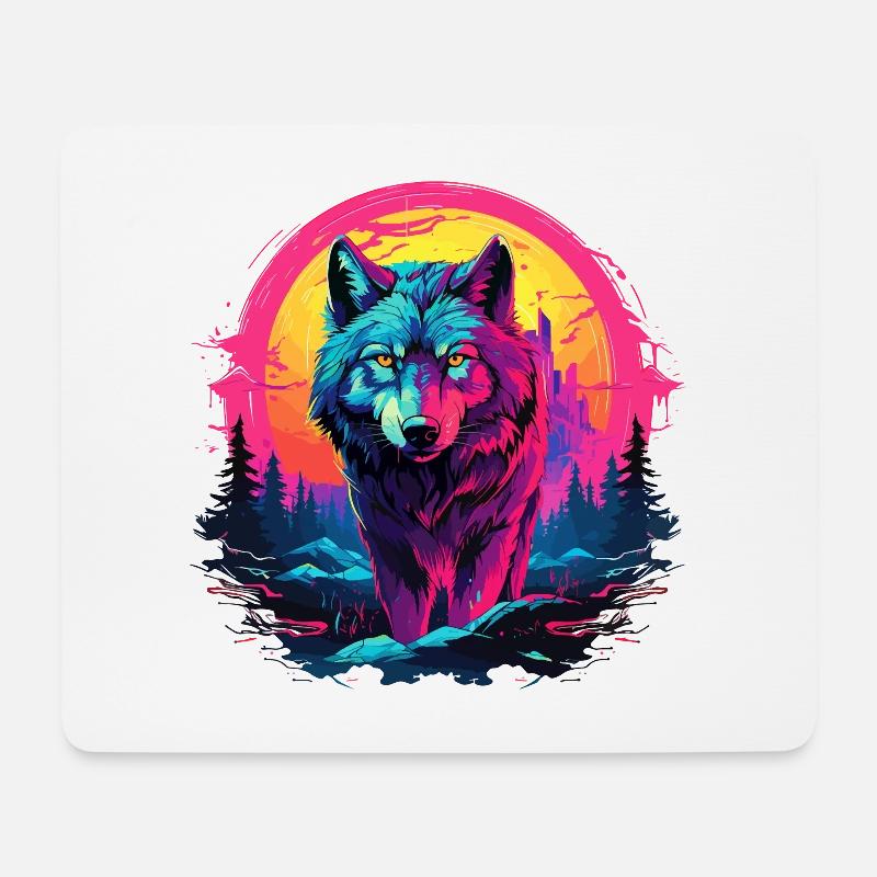 Wolf Wolfskopf Wölfe Wolfsrudel Natur Neon Bunt - Mousepad (Querformat) - Weiß