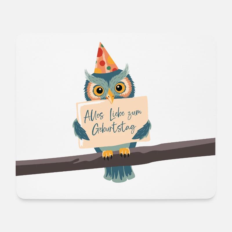 Süße Eule mit lieben Geburtstagsgrüßen und Partyhu - Mousepad (Querformat) - Weiß