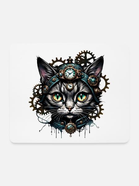 Süße Steampunk-Katze mit Uhren und Zahnrädern. - Mousepad (Querformat) - Weiß