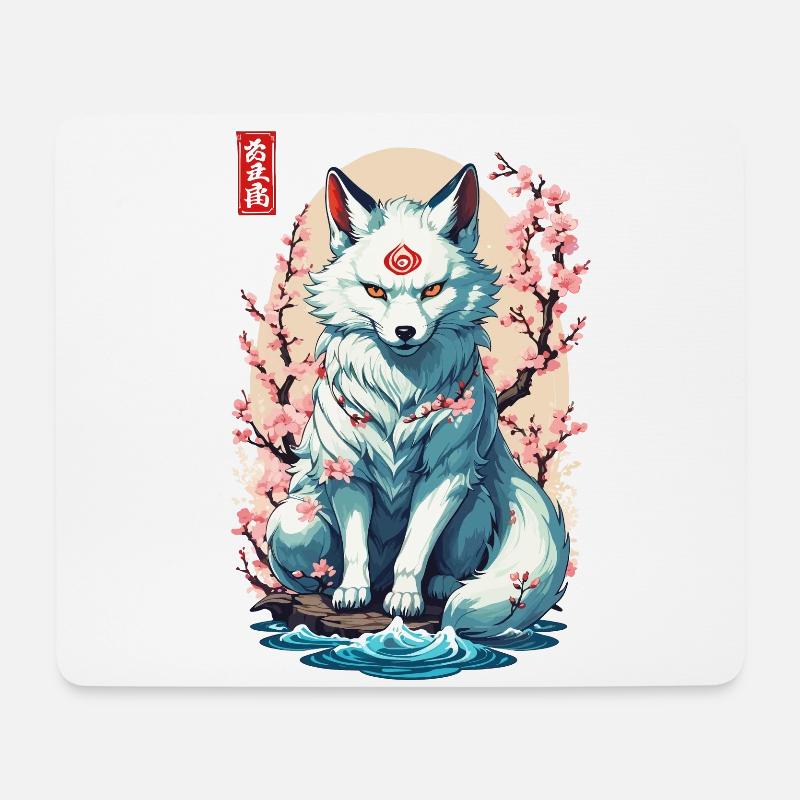 Kitsune Mask and Cherry Blossoms Aesthetic Design - Mouse Pad (horizontal) - white