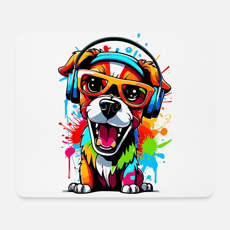 Chien avec écouteurs et lunettes de soleil - Tapis de souris (format paysage) - blanc