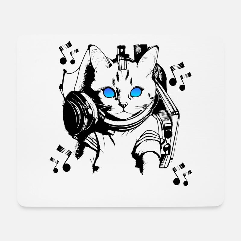 DJ Katze mit Kopfhörern - Mousepad (Querformat) - Weiß