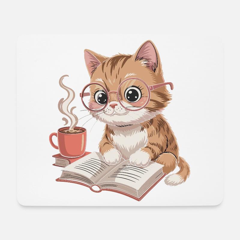 LeseKatz Katze mit Brille und Kaffee - Mousepad (Querformat) - Weiß