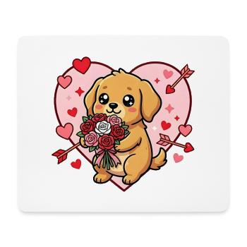 Cœur de Saint-Valentin de chien kawaï avec des roses - Tapis de souris (format paysage) - blanc - Devant