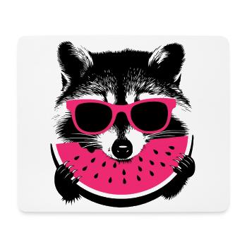 Un raton laveur en lunettes de soleil roses mangeant du melon - Tapis de souris (format paysage) - blanc - Devant