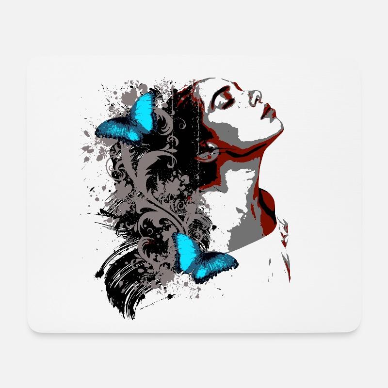 Florales Gesicht und blaue Schmetterlinge - Mousepad (Querformat) - Weiß