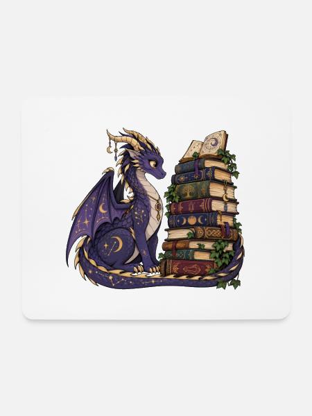 Magischer Buchdrache – Edles Mond & Sterne Design - Mousepad (Querformat) - Weiß
