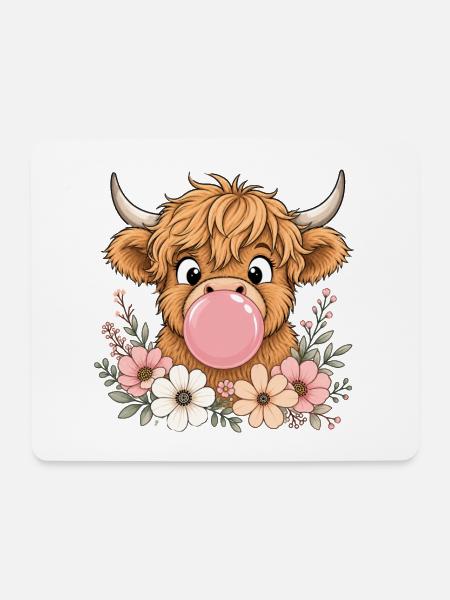 Süße Highland Kuh mit Kaugummi - Mousepad (Querformat) - Weiß