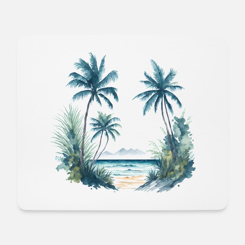 Aquarellmalerei eines Strandes mit Palmen - Mousepad (Querformat) - Weiß