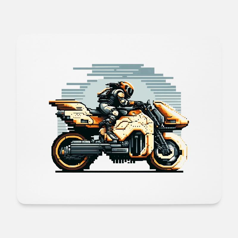 Eine Bikerin fährt das 8 Bit Motorrad der Zukunft - Mousepad (Querformat) - Weiß