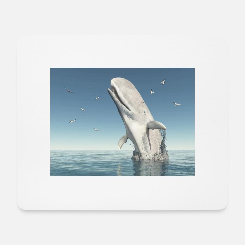 Auftauchender Pottwal und Seemöwen - Mousepad (Querformat) - Weiß