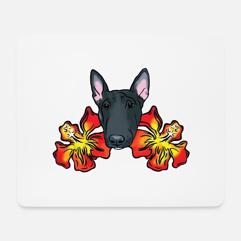 Bullterrier mit Hibiskusblüten - Mousepad (Querformat) - Weiß