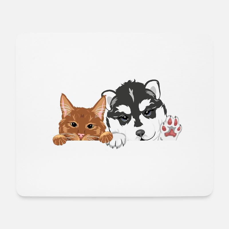 Coup d’œil drôle de chat roux et chien husky - Tapis de souris (format paysage) - blanc