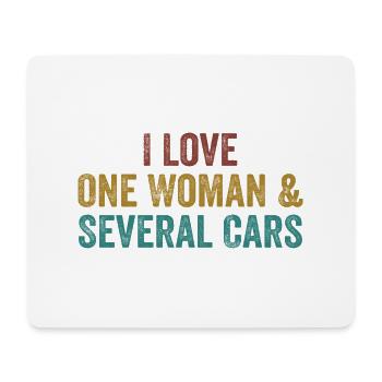 Une Femme et Plusieurs Voitures : Humour Auto - Tapis de souris (format paysage) - blanc - Devant