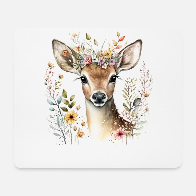 Reh mit Blumen - Mousepad (Querformat) - Weiß