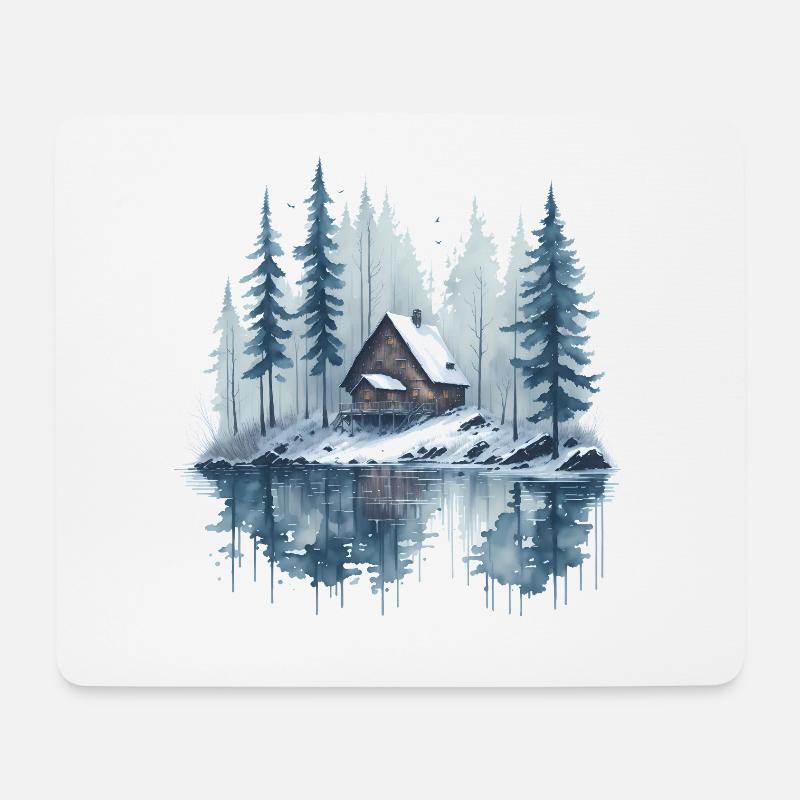 Aquarell Verschneite Landschaft mit Hütte am See - Mousepad (Querformat) - Weiß
