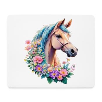Aquarelle Poney Cheval Amour et Bonheur avec des Fleurs - Tapis de souris (format paysage) - blanc - Devant