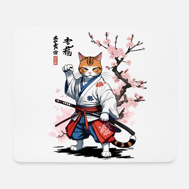 Samurai Katze Ukiyo-E Streetwear Design - Mousepad (Querformat) - Weiß