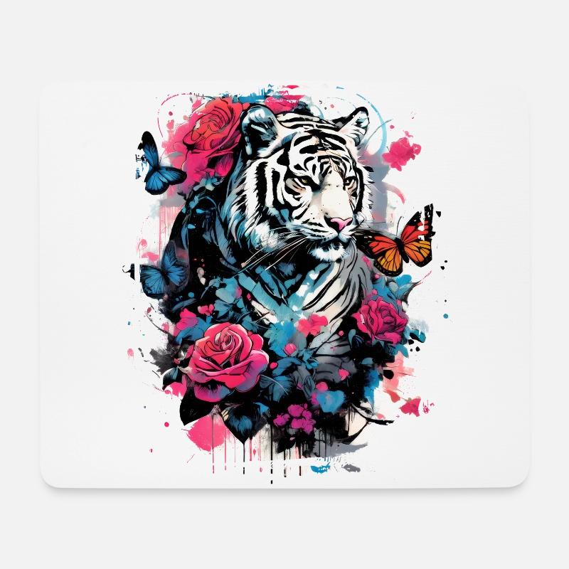 Majestätischer Tiger mit Schmetterlingen und Rosen - Mousepad (Querformat) - Weiß