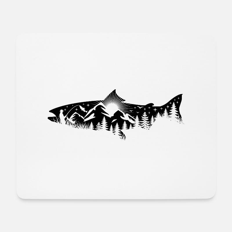 Silhouette trout - angler with landscape - Mouse Pad (horizontal) - white