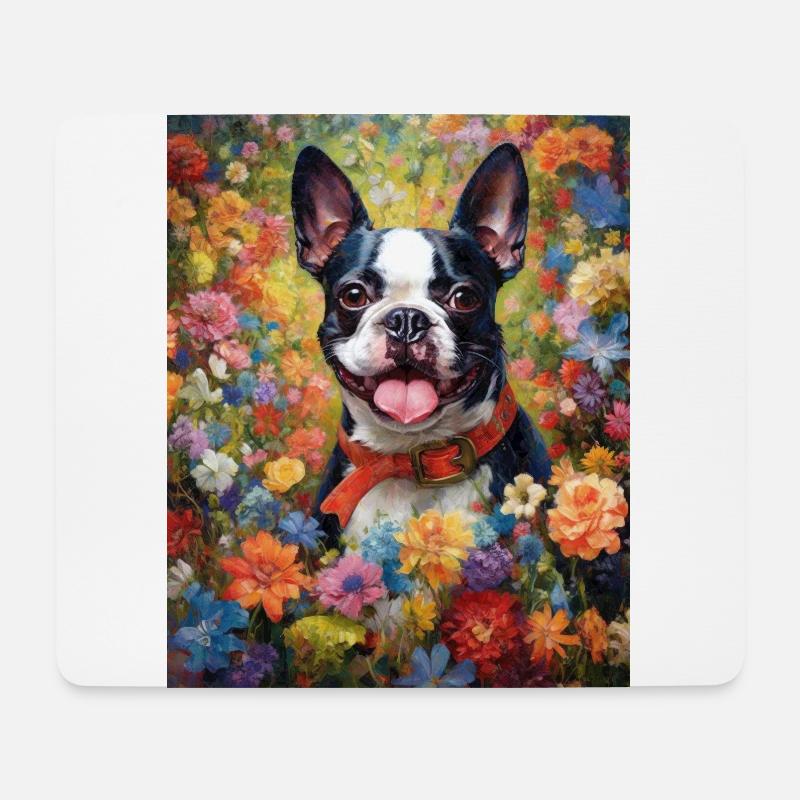 Boston Terrier unter Blumen als Malerei Kunst - Mousepad (Querformat) - Weiß