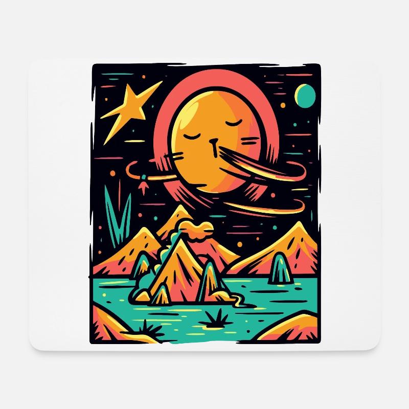 Bunte Pop-Farben Universum Planeten und Katze - Mousepad (Querformat) - Weiß