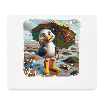 Cheerful seagull with rubber boots and umbrella - Mouse Pad (horizontal) - white - Front