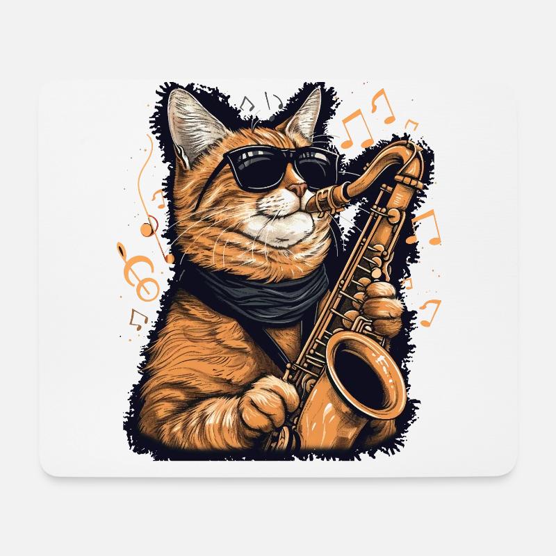 Lustige Katze, die Saxophon spielt Musiknoten Grafik - Mousepad (Querformat) - Weiß