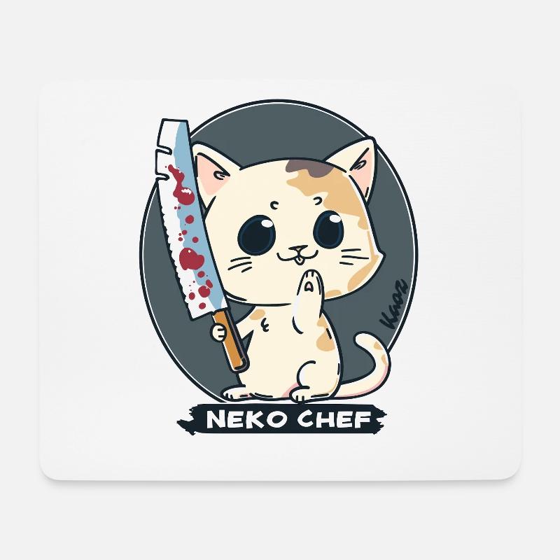 Neko Chef – Freche Katze mit Kochmesser - Mousepad (Querformat) - Weiß