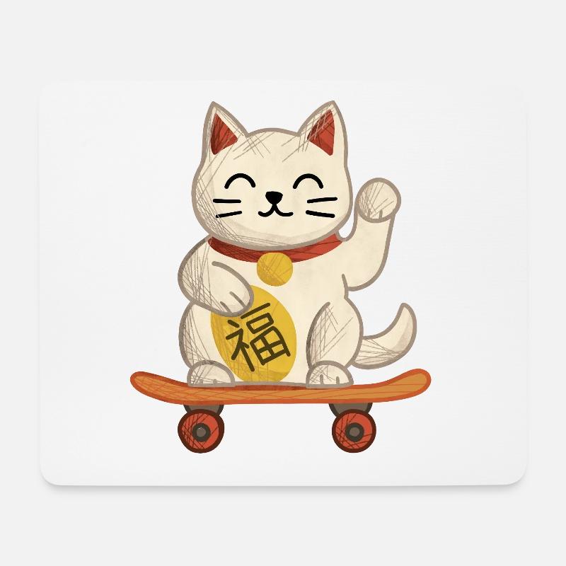 Maneki-neko Cat Skateboard - Mouse Pad (horizontal) - white