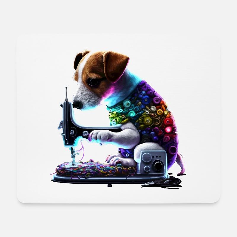 Jack Russel Hund näht mit Nähmaschine - Mousepad (Querformat) - Weiß