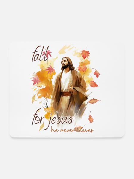 Fall Jesus He Never Leaves: Christian Autumn Vibes - Mousepad (Querformat) - Weiß