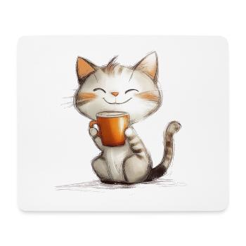 Chat heureux avec du café - Tapis de souris (format paysage) - blanc - Devant