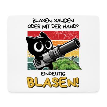 Blasen? Eindeutig! – Lustige Katze mit Laubbläser - Mousepad (Querformat) - Weiß - Vorne