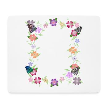 Blumenranke mit Schmetterlingen, Blumen, Insekten - Mousepad (Querformat) - Weiß - Vorne