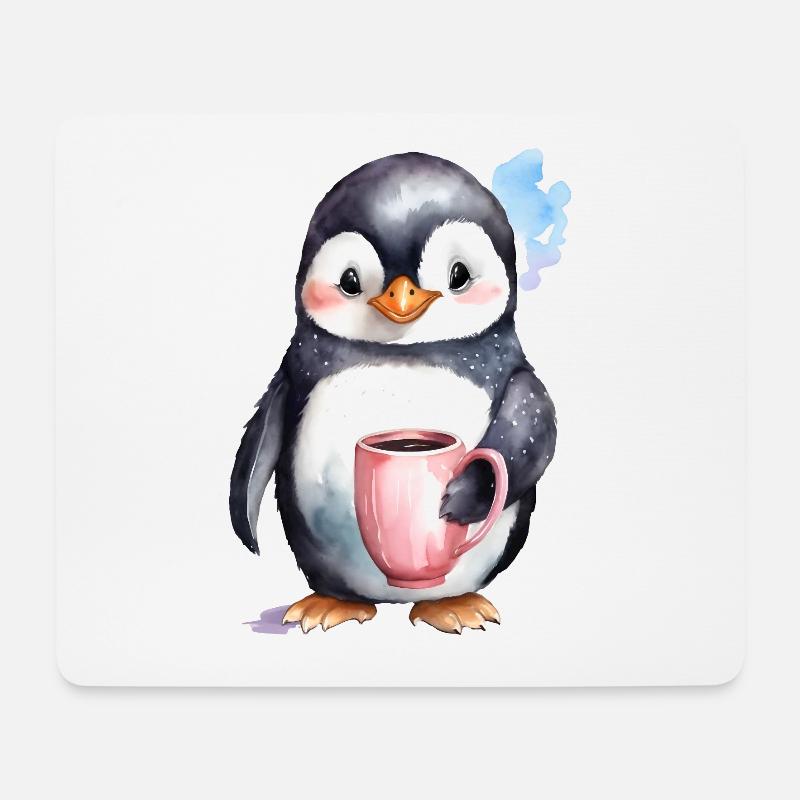Pinguin mit Kaffee -Aquarellstil - Mousepad (Querformat) - Weiß