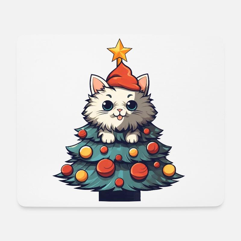 Weihnachtskatze: Spiel am Tannenbaum - Mousepad (Querformat) - Weiß