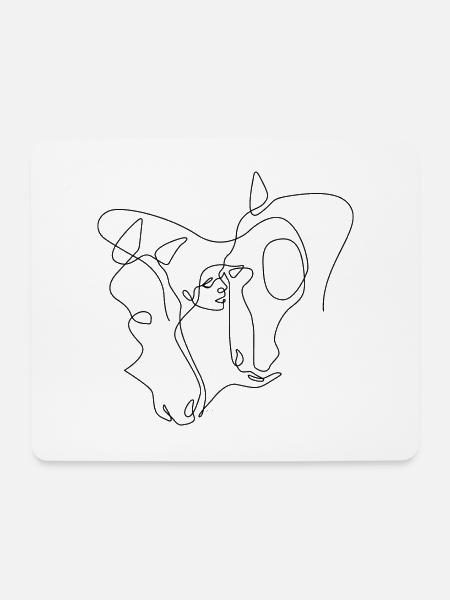 One Line Drawing - hest med kvinne - Musematte (liggende format) - hvit