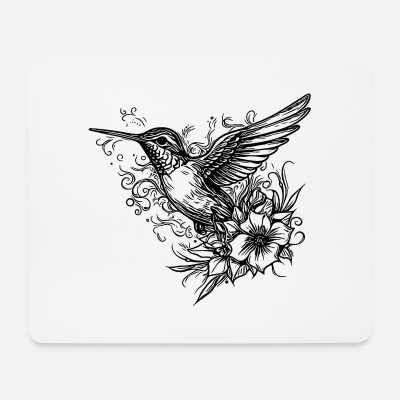 Tattoo Style Kolibri fliegend zwischen Blumen - Mousepad (Querformat) - Weiß
