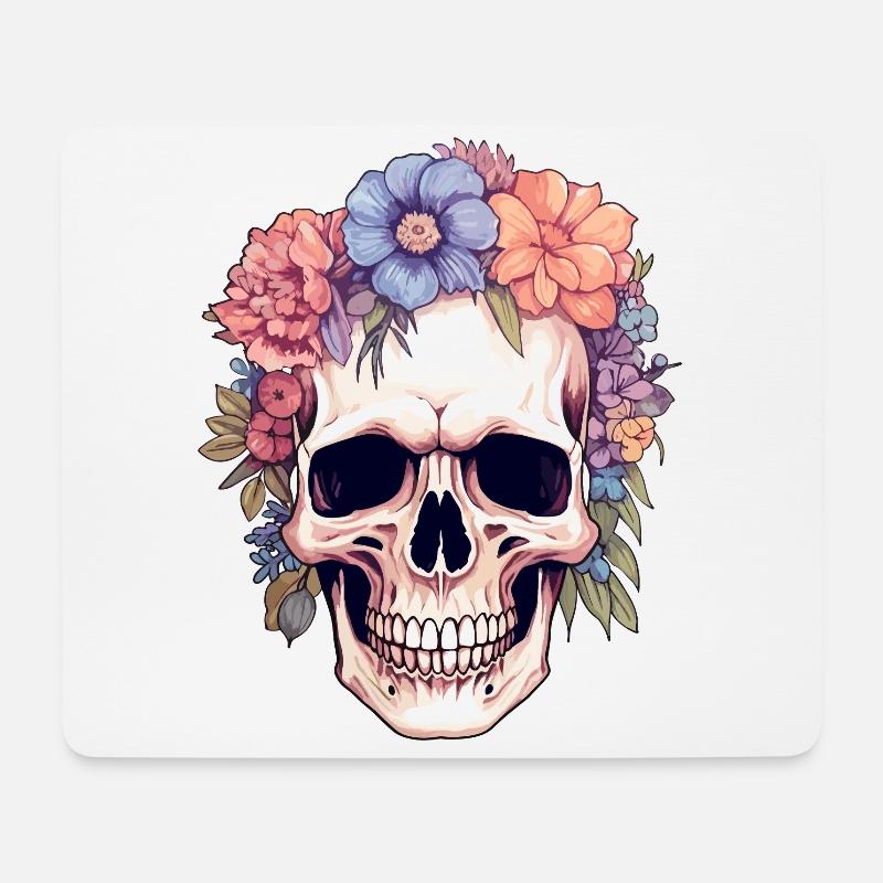 Crâne humain et fleurs 14 - Tapis de souris (format paysage) - blanc